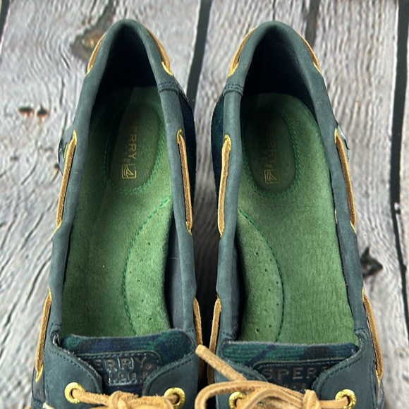 SPERRY GOLDFISH Navy & Green Slip On Leather Lace Wedges - Picture 12 of 17